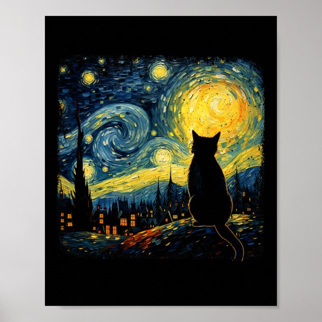 Póster Gato Starry Night Van Gogh Cat Para Gato Que Perte (Frente)