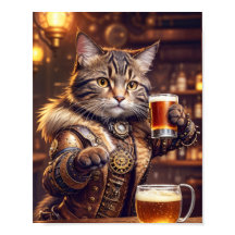 Gato steampunk bebiendo cerveza en un pub - 