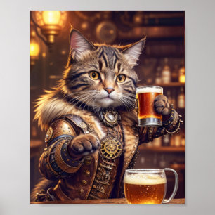 Póster Gato steampunk bebiendo cerveza en un pub - 