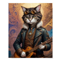 Gato steampunk con chaqueta de cuero, tocando guit