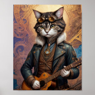 Póster Gato steampunk con chaqueta de cuero, tocando guit