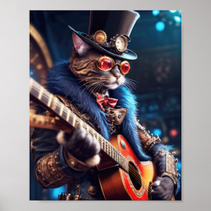 Póster Gato steampunk con sombrero de copa y gafas, guita