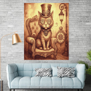 Póster Gato Steampunk Relojería Victoriana Fantasía Vinta