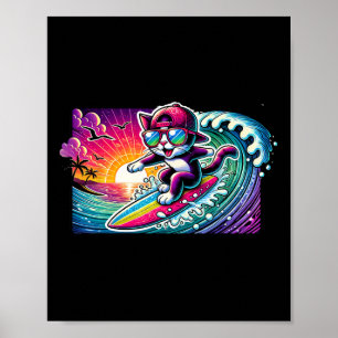 Póster Gato Surfista Tabla de Surf Diversión Tabla Larga