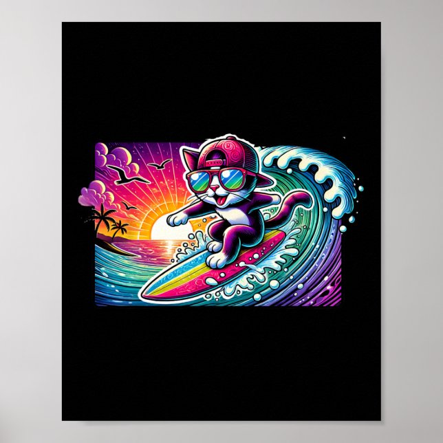 Póster Gato Surfista Tabla de Surf Diversión Tabla Larga  (Frente)