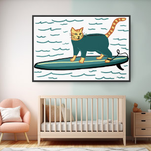 Póster Gato Tabby Divertido Surfando Guardería Fresca Pla