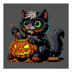 Póster Gato tallador de calabaza de Halloween
