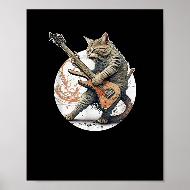 Póster Gato tocando guitarra rock Cat fuerte Metalizado M (Frente)