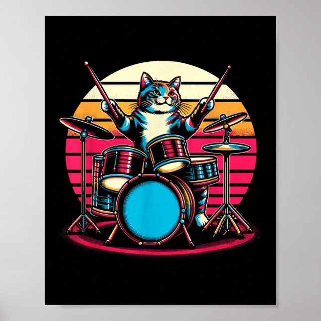 Póster Gato tocando la batería Baterista Novedad Amante d (Frente)
