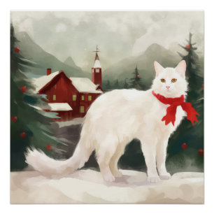 Póster Gato turco angora en Navidades de nieve