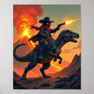 Póster Gato Único Vaquero Montando Dinosaurio   Gato Vaqu