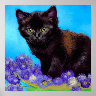 Póster Gato Van Gogh y flores