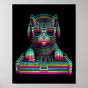 Póster Gato Vaporwave Dj Techno Rave Edm Concierto De Mús