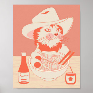 Póster Gato vaquero comiendo Ramen