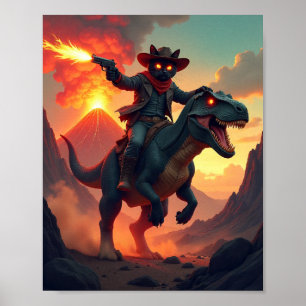 Póster Gato Vaquero Épico Montando Dinosaurio Ciencia F