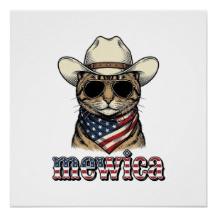 Póster Gato Vaquero Patriótico Mewica Diseño Vector Vinta