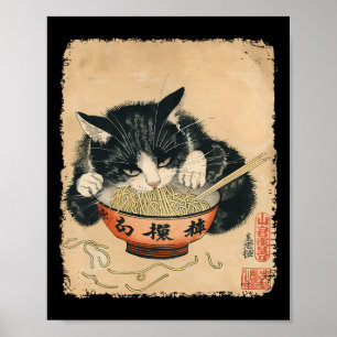 Póster Gato vintage comiendo fideos Ramen Otaku Japa