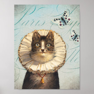 Póster Gato vintage con collar y mariposas
