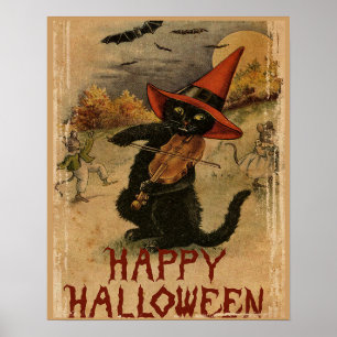 Póster Gato vintage de Halloween con violín