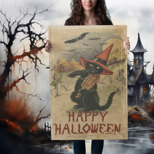 Póster Gato vintage de Halloween con violín