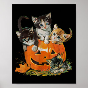 Póster Gato vintage de los 90 Calabaza Halloween Floral R
