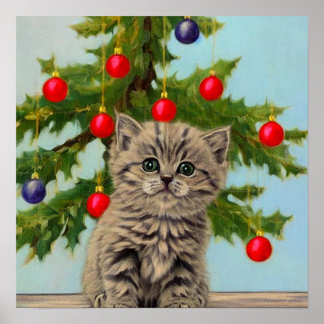 Póster Gato vintage y árbol de Navidad (Frente)