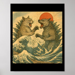 Póster Gato Vs Perro Kaiju Monstruo Japonés Estilo Ukiyo-