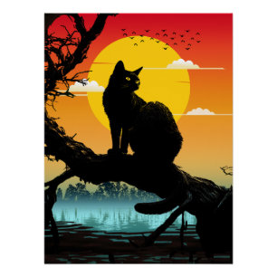 Póster Gato y árbol silueta atardecer