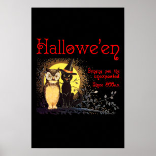 Póster Gato y búho en un Poster de Halloween vintage