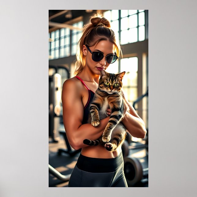 Póster Gato y Chica de fitness en gimnasio. Motivación de (Frente)