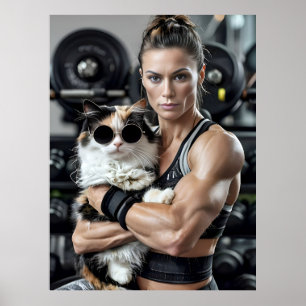 Póster Gato y Chica de fitness en gimnasio. Motivación de