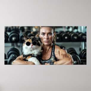 Póster Gato y Chica de fitness en gimnasio. Motivación de