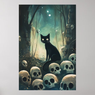 Póster Gato y cráneo de Halloween