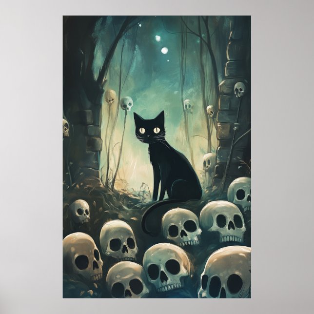 Póster Gato y cráneo de Halloween (Frente)