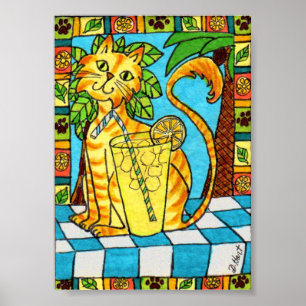 Póster Gato y cristal de color amarillo en la mesa de min