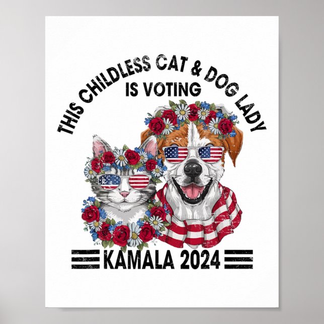 Póster Gato Y Dama De Perro Sin Hijos Votan Kamala Harris (Frente)