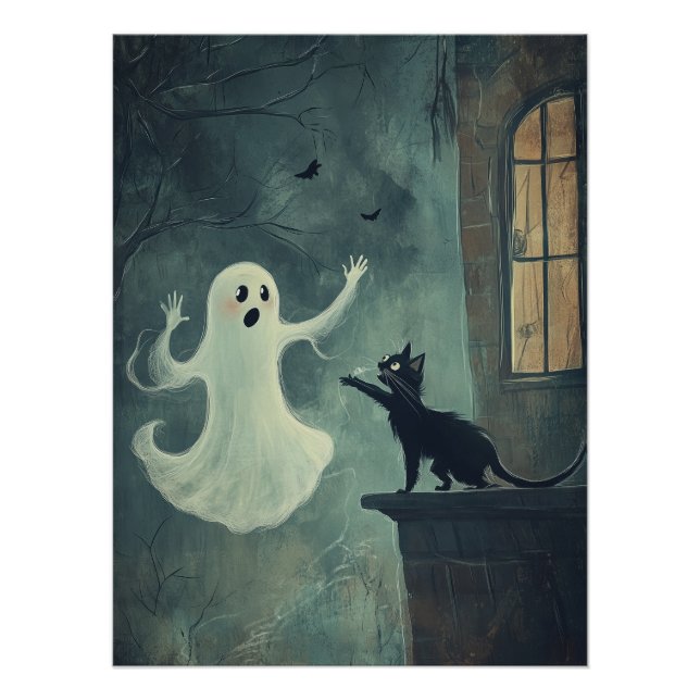 Póster Gato y fantasma de Halloween (Anverso)