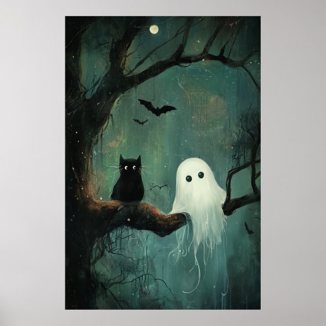 Póster Gato y fantasma de Halloween (Frente)