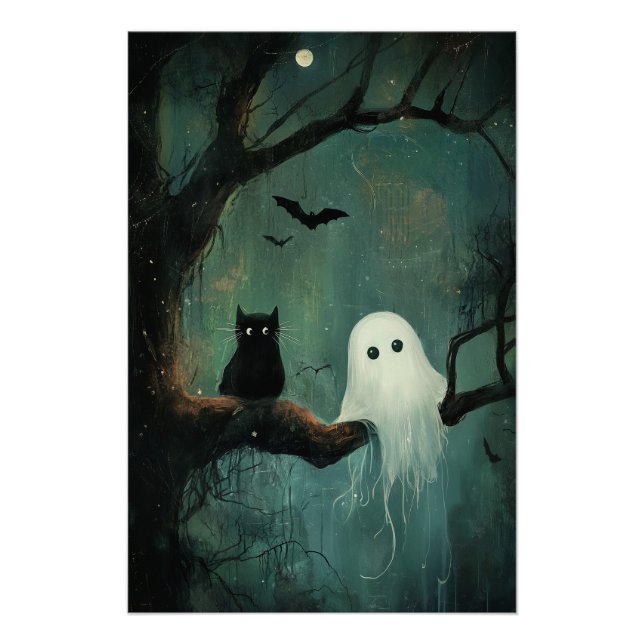Póster Gato y fantasma de Halloween (Anverso)