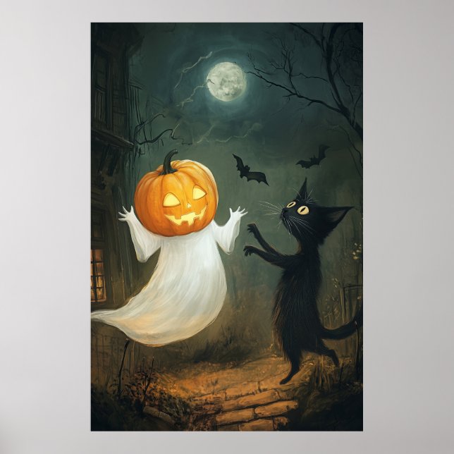 Póster Gato y fantasma de Halloween (Frente)