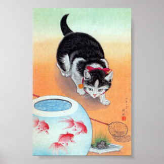 Póster Gato y Fishbowl - Ohara Koson, remasterizado