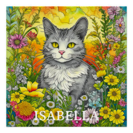 Póster Gato y flores caprichosas personalizadas