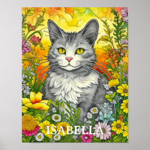 Póster Gato y flores caprichosas personalizadas