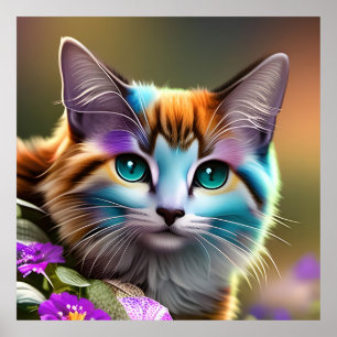 Póster gato y flores de calico azul y óxido