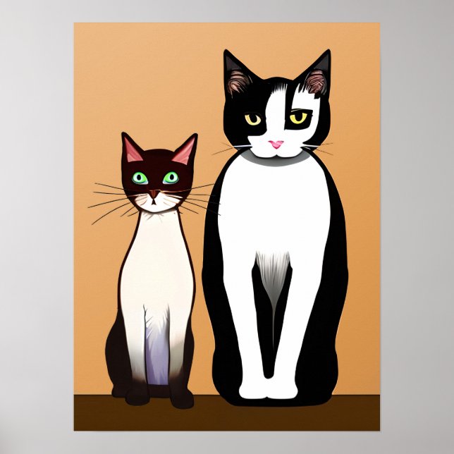 Póster Gato y gatito negro y blanco retro moderno (Frente)