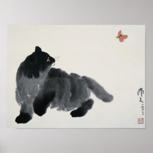 Póster Gato y mariposa