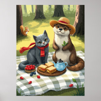 Póster gato y nutria con picnic forestal