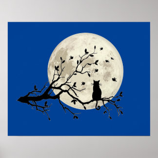Póster Gato y pájaros con silueta de árbol y luna llena