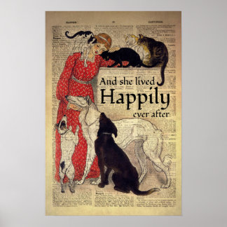 Póster Gato Y Perro Amante Y Vivió Feliz Nunca