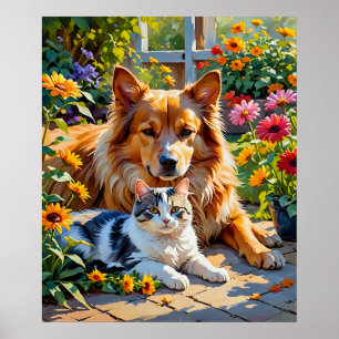 Póster Gato y perro de los compañeros de jardín